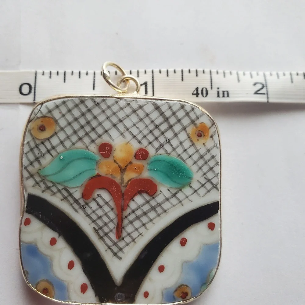 Vintage Hand Painted Talavera‎ Tile Pottery Shard Pendant Floral Square Jewelry